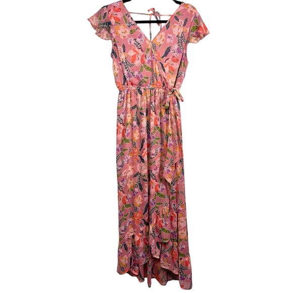 Band of Gypsies, Size Small, Pink Floral Faux Wrap Maxi Dress, Flutter Sleeve - Picture 1 of 7
